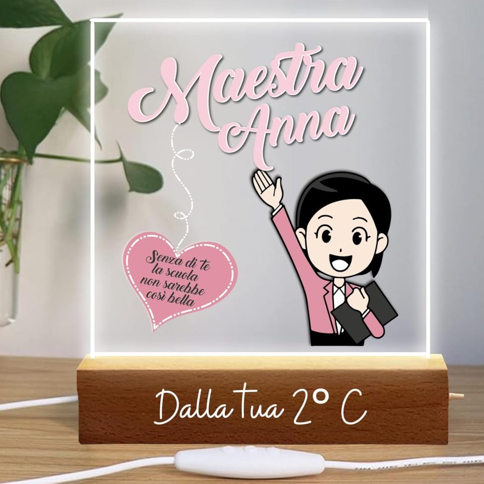 Lampada a led da notte personalizzata con Nomi alunni classe e sezione Luce notturna in Plexiglass Trasparente cornice in legno - Idea Regalo Maestra fine anno Scolastico ''SENZA DI TE''