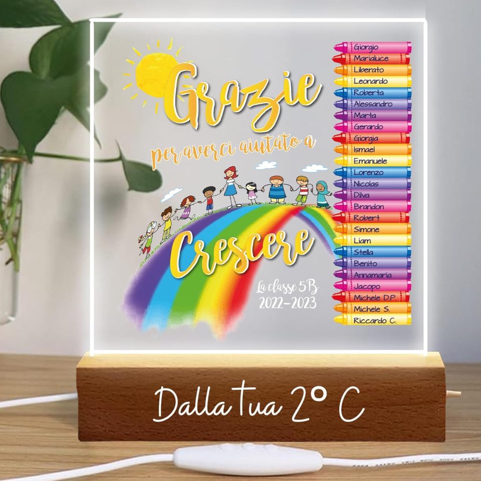 Lampada a led da notte personalizzata con Nomi alunni classe e sezione Luce notturna in Plexiglass Trasparente cornice in legno - Idea Regalo Maestra fine anno Scolastico ''AULA DI COLORI''