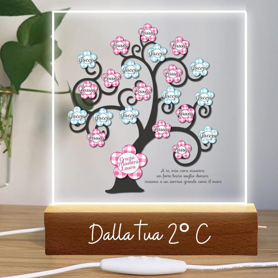 Lampada a led da notte personalizzata con Nomi alunni classe e sezione Luce notturna in Plexiglass Trasparente cornice in legno - Idea Regalo Maestra fine anno Scolastico ''ALBERO DELLA VITA''
