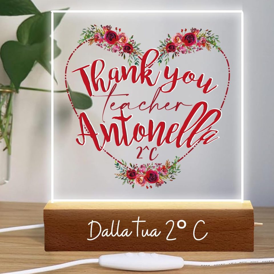 Lampada a led da notte personalizzata con Nomi alunni classe e sezione Luce notturna in Plexiglass Trasparente cornice in legno - Idea Regalo Maestra fine anno Scolastico ''THANK YOU TEACHER''