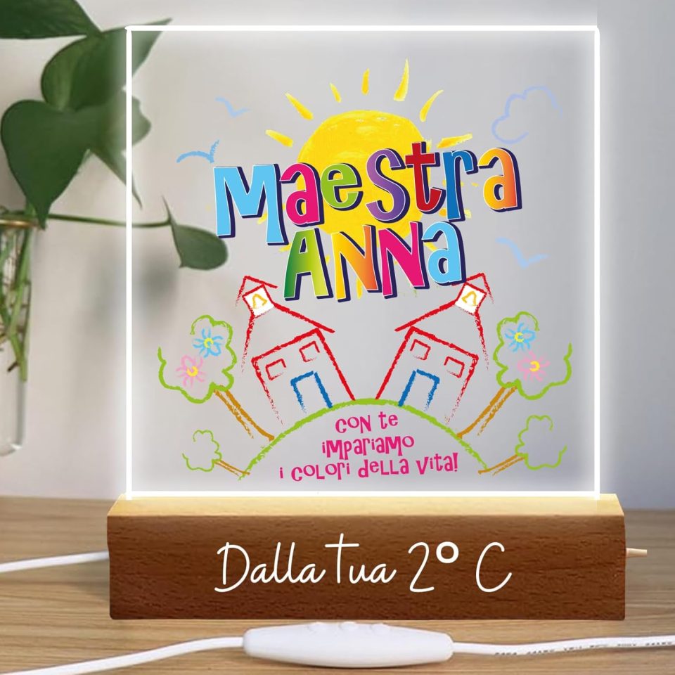 Lampada a led da notte personalizzata con Nomi alunni classe e sezione Luce notturna in Plexiglass Trasparente cornice in legno - Idea Regalo Maestra fine anno Scolastico ''COLORI DELLA VITA''
