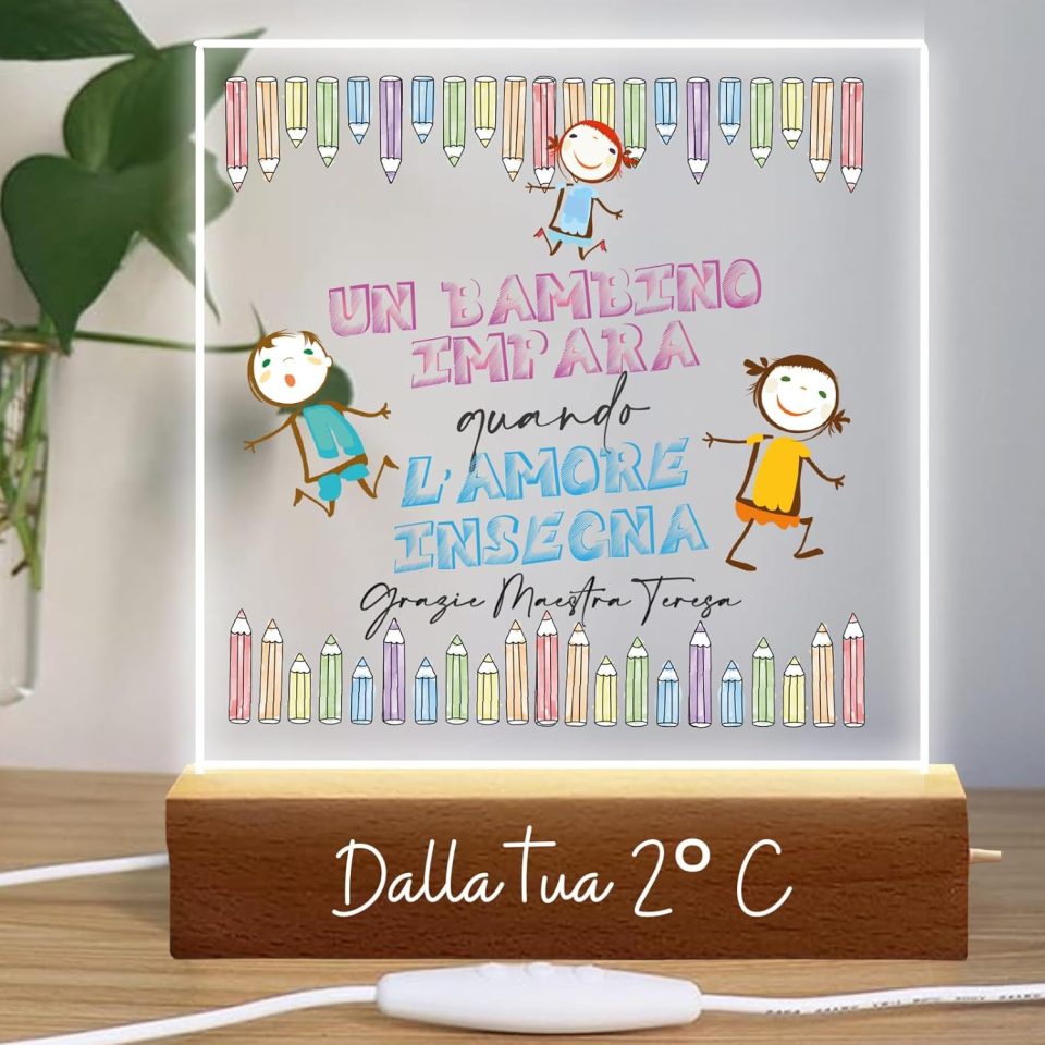 Lampada a led da notte personalizzata con Nomi alunni classe e sezione Luce notturna in Plexiglass Trasparente cornice in legno - Idea Regalo Maestra fine anno Scolastico ''L'AMORE INSEGNA''