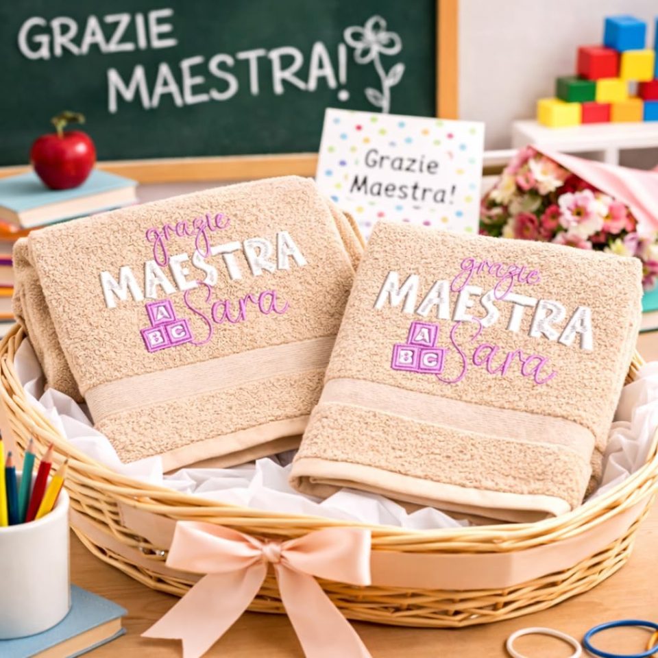 COPPIA ASCIUGAMANI RICAMO MAESTRA ''DADI'' BEIGE