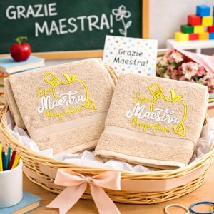 COPPIA ASCIUGAMANI RICAMO MAESTRA ''SUPER'' BEIGE