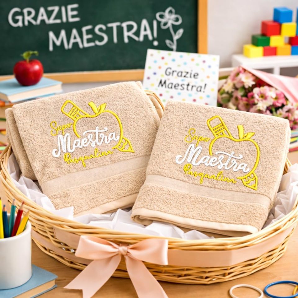 Asciugamani Donna Ricamo, Set 2 Pezzi (1 Viso + 1 Ospite), 100% Cotone Spugna, personalizzate con Nome Maestra Ricamato - Idea Regalo Insegnante fine anno Scolastico ''SUPER''