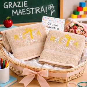 COPPIA ASCIUGAMANI RICAMO MAESTRA ''DISEGNI'' BEIGE