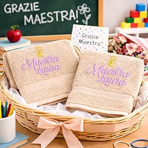 Asciugamani Donna Ricamo, Set 2 Pezzi (1 Viso + 1 Ospite), 100% Cotone Spugna, personalizzate con Nome Maestra Ricamato - Idea Regalo Insegnante fine anno Scolastico ''DISEGNI''