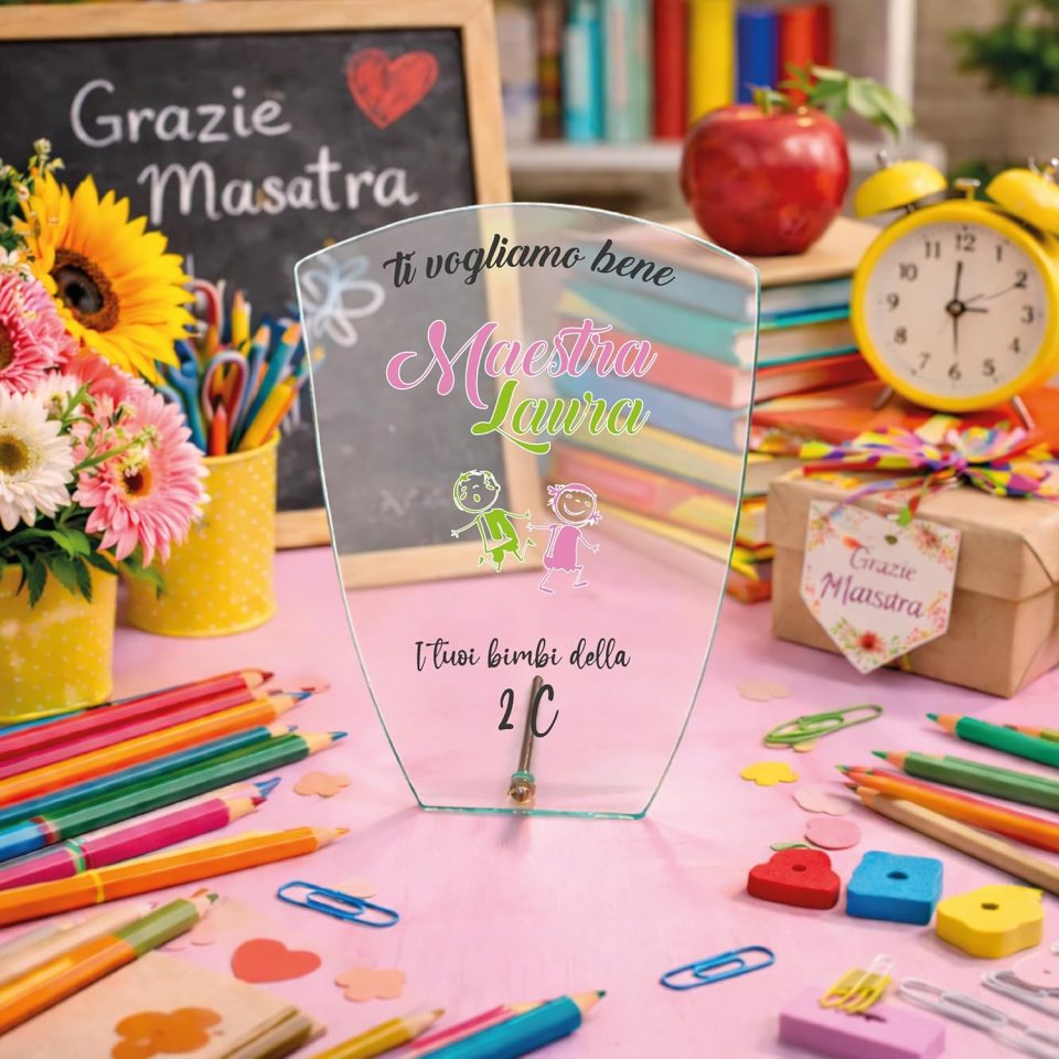 Targa Personalizzata – Targa Commemorativa in Cristallo Vetro | Idea Regalo Personalizzabile con Nome per Maestra Insegnante Scuola Primaria Asilo Elementare fine anno ''DISEGNI''
