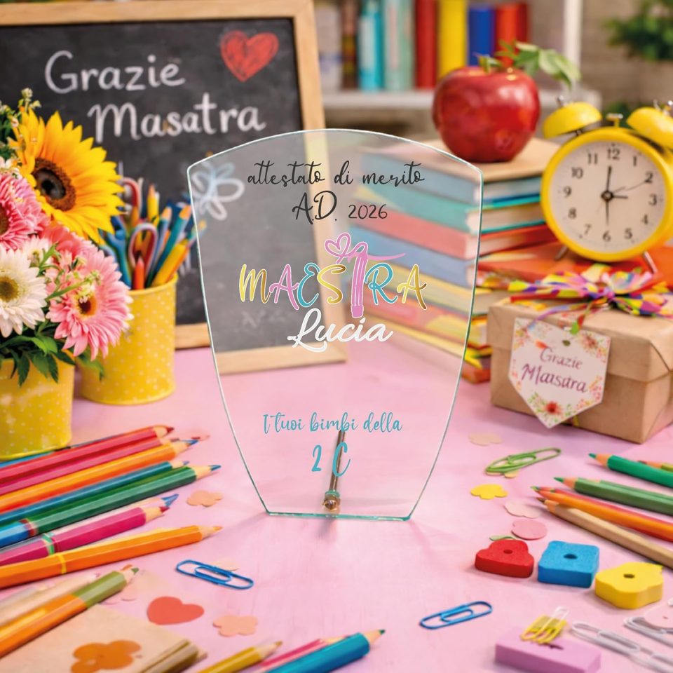 Targa Personalizzata – Targa Commemorativa in Cristallo Vetro | Idea Regalo Personalizzabile con Nome per Maestra Insegnante Scuola Primaria Asilo Elementare fine anno ''ATTESTATO''
