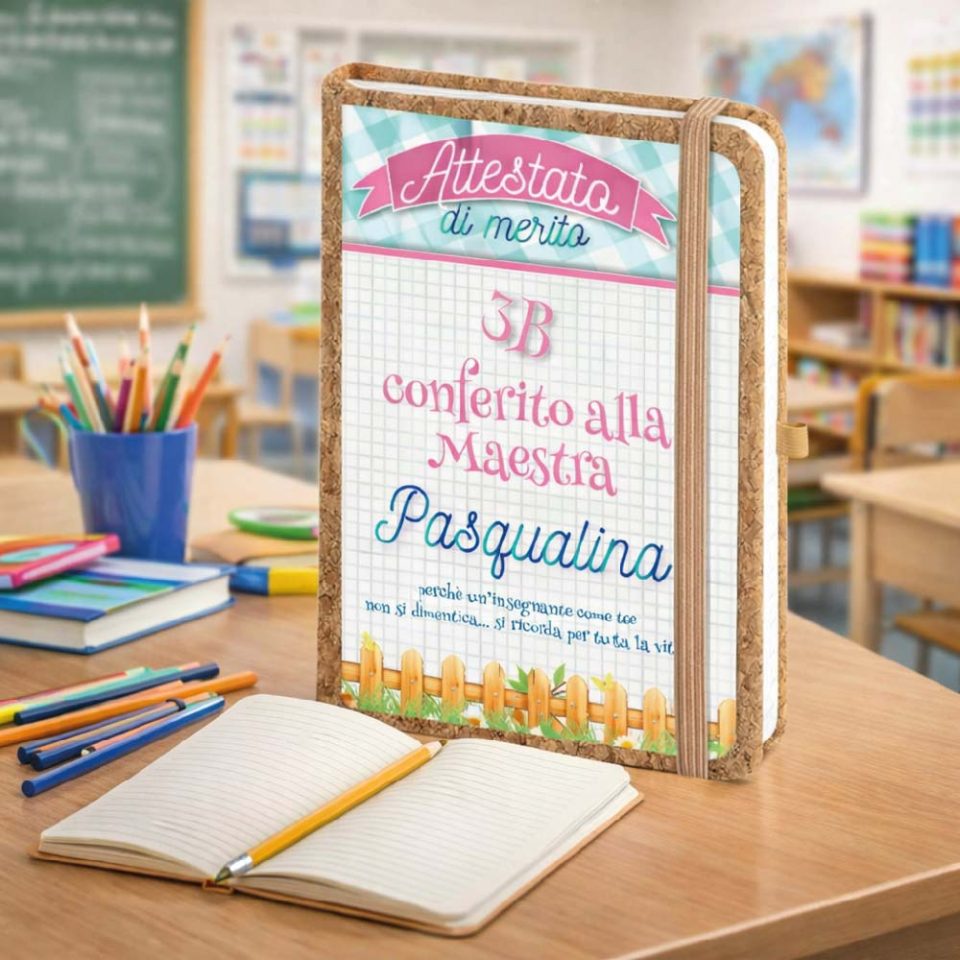 Agenda Notes Quaderno Appunti Diario Regalo per Maestra Fine Anno Insegnante Elementare Asilo Infanzia Personalizzato con Nome Classe Alunni Originale in Sughero 160 pagine ''ATTESTATO DI MERITO''