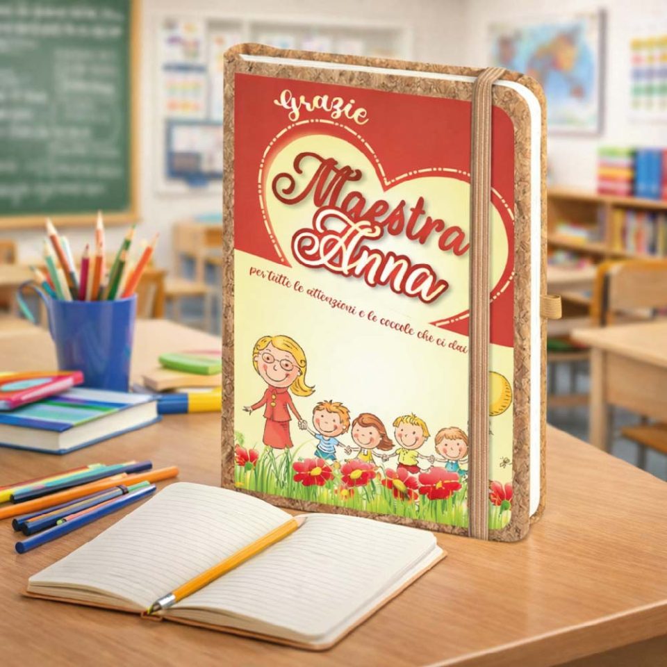 Agenda Notes Quaderno Appunti Diario Regalo per Maestra Fine Anno Insegnante Elementare Asilo Infanzia Personalizzato con Nome Classe Alunni Originale in Sughero 160 pagine ''LE TUE COCCOLE''