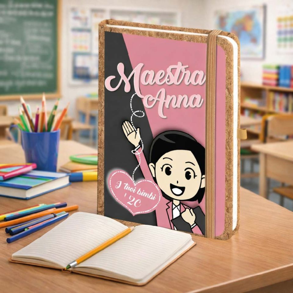 Agenda Notes Quaderno Appunti Diario Regalo per Maestra Fine Anno Insegnante Elementare Asilo Infanzia Personalizzato con Nome Classe Alunni Originale in Sughero 160 pagine ''SENZA DI TE''
