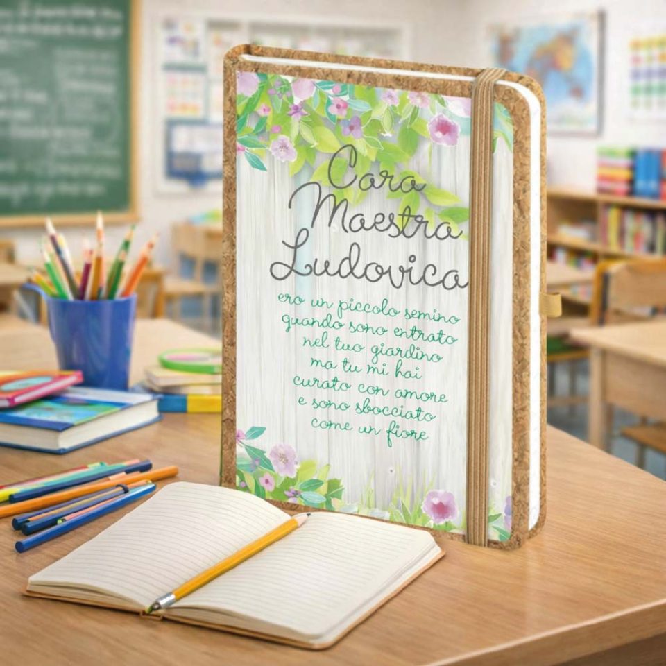 Agenda Notes Quaderno Appunti Diario Regalo per Maestra Fine Anno Insegnante Elementare Asilo Infanzia Personalizzato con Nome Classe Alunni Originale in Sughero 160 pagine ''GIARDINO''