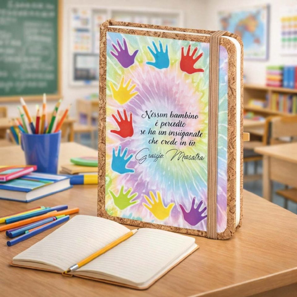 Agenda Notes Quaderno Appunti Diario Regalo per Maestra Fine Anno Insegnante Elementare Asilo Infanzia Personalizzato con Nome Classe Alunni Originale in Sughero 160 pagine ''MANINE''