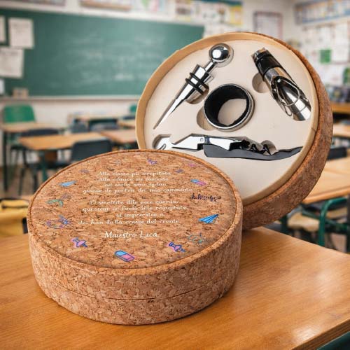 Kit Set Vino Cavatappi Anello Salvagoccia accessori Inox Personalizzato con Nome Classe Alunni - Idea Regalo per Maestro Insegnante Scuola Primaria, Asilo, Elementare fine anno Scolastico DEDICA