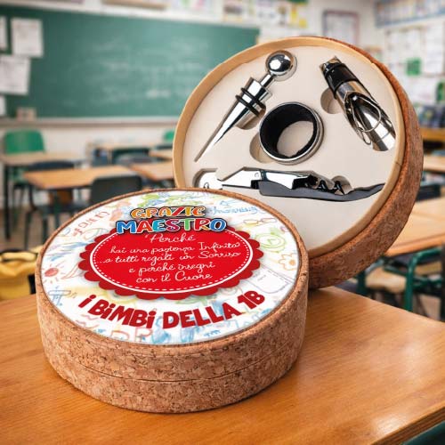 Kit Set Vino Cavatappi Anello Salvagoccia accessori Inox Personalizzato con Nome Classe Alunni - Idea Regalo per Maestro Insegnante Scuola Primaria, Asilo, Elementare fine anno Scolastico COCCINELLA
