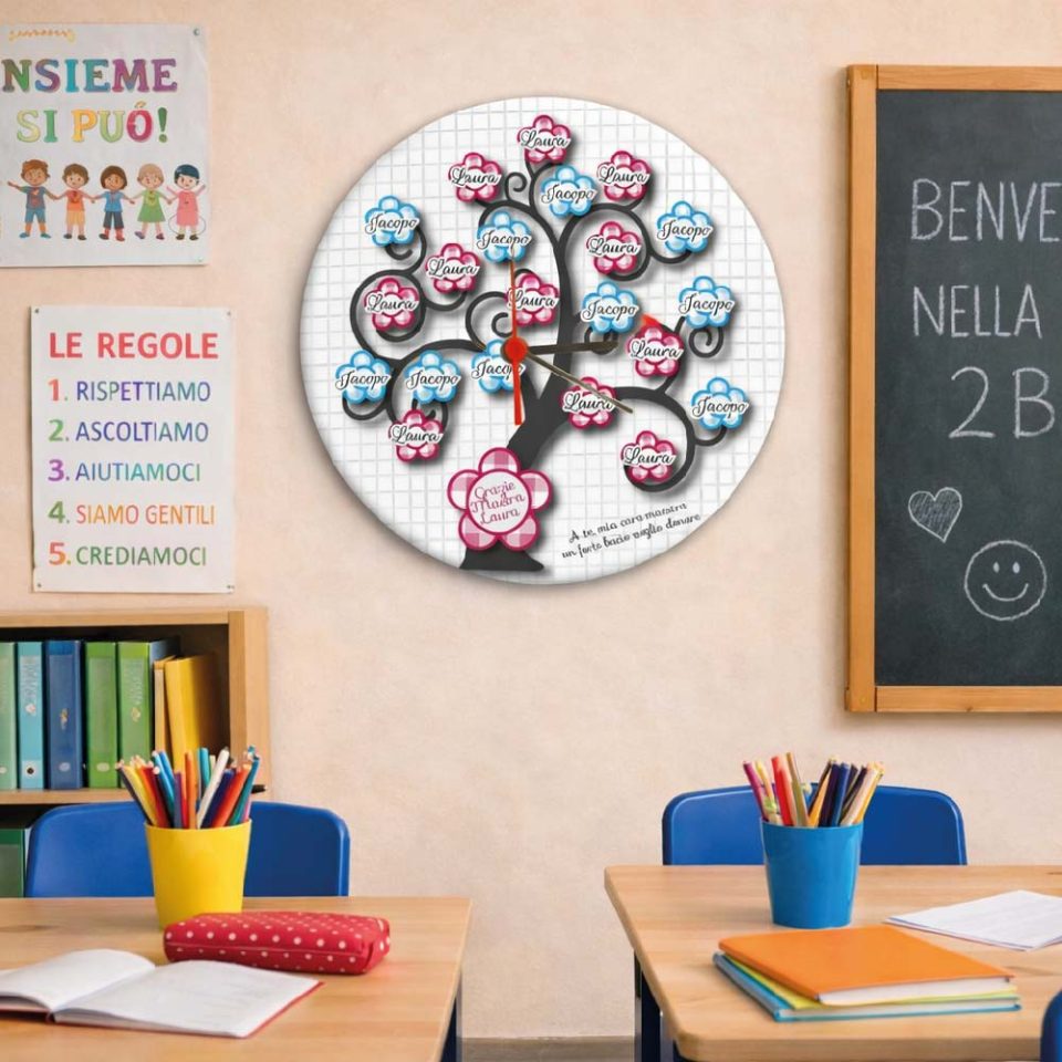 Orologio da parete in legno Personalizzato ''ALBERO DELLA VITA'' idea regalo di classe fine anno scolastico Maestra asilo nido, scuola materna, elementare infanzia e primaria