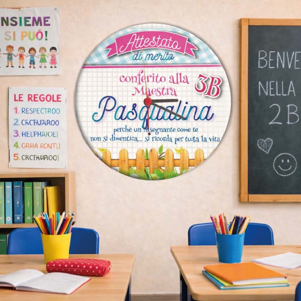 OROLOGIO IN LEGNO MAESTRA ''ATTESTATO DI MERITO '' CERCHIO