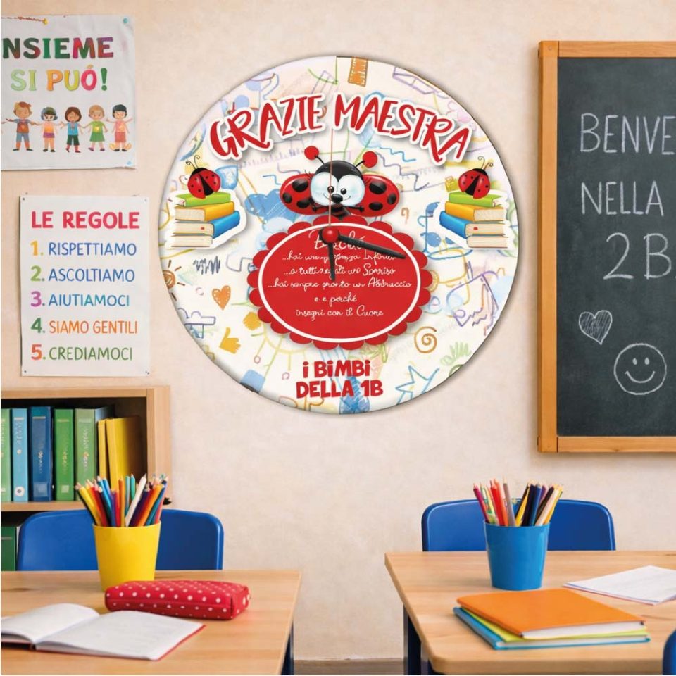 Orologio da parete in legno Personalizzato ''COCCINELLA'' idea regalo di classe fine anno scolastico Maestra asilo nido, scuola materna, elementare infanzia e primaria