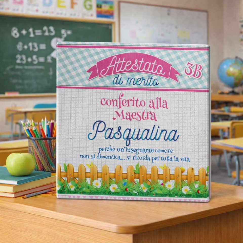 Tela Quadro in Canvas 40x40 cm ”ATTESTATO DI MERITO'' con telaio in legno, idea regalo di classe fine anno scolastico Maestra asilo nido, scuola materna, elementare infanzia e primaria