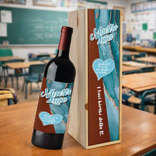Kit Set Scrigno in Legno con Etichetta Adesiva per Bottiglia Personalizzato con Nome Classe Alunni - Cassetta Porta Bottiglie Idea Regalo per Maestro Insegnante fine anno Scolastico SENZA DI TE