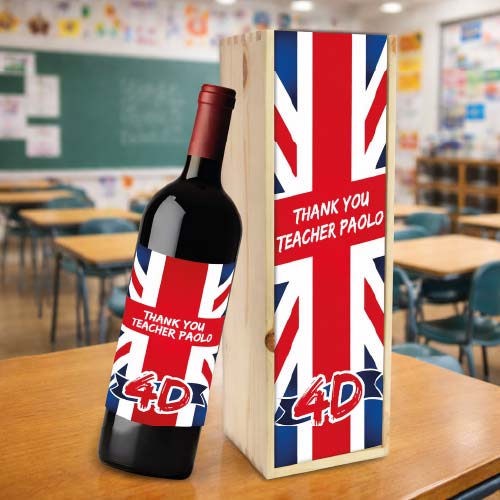 Kit Set Scrigno in Legno con Etichetta Adesiva per Bottiglia Personalizzato con Nome Classe Alunni - Cassetta Porta Bottiglie Idea Regalo per Maestro Insegnante fine anno Scolastico Thank You