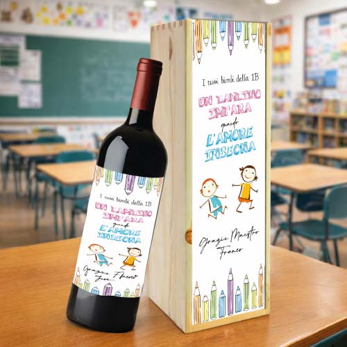 Kit Set Scrigno in Legno con Etichetta Adesiva per Bottiglia Personalizzato con Nome Classe Alunni - Cassetta Porta Bottiglie Idea Regalo per Maestro Insegnante fine anno Scolastico L'AMORE INSEGNA