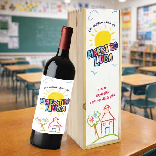 Kit Set Scrigno in Legno con Etichetta Adesiva per Bottiglia Personalizzato con Nome Classe Alunni - Cassetta Porta Bottiglie Idea Regalo per Maestro Insegnante fine anno Scolastico I COLORI DELLA VITA