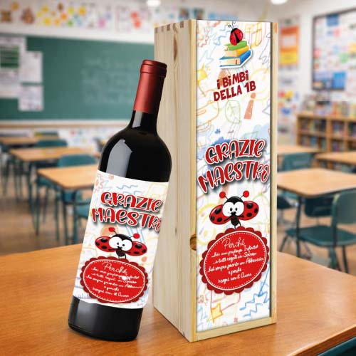 Kit Set Scrigno in Legno con Etichetta Adesiva per Bottiglia Personalizzato con Nome Classe Alunni - Cassetta Porta Bottiglie Idea Regalo per Maestro Insegnante fine anno Scolastico COCCINELLA