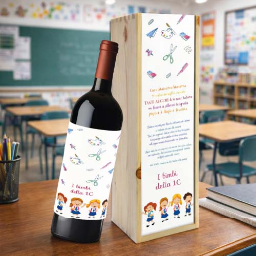 Kit Set Scrigno in Legno con Etichetta Adesiva per Bottiglia Personalizzato con Nome Classe Alunni - Cassetta Porta Bottiglie Idea Regalo per Maestro Insegnante fine anno Scolastico LA DEDICA
