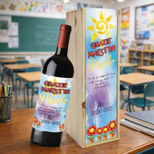 Kit Set Scrigno in Legno con Etichetta Adesiva per Bottiglia Personalizzato con Nome Classe Alunni - Cassetta Porta Bottiglie Idea Regalo per Maestro Insegnante fine anno Scolastico LAVAGNA DELLA VITA