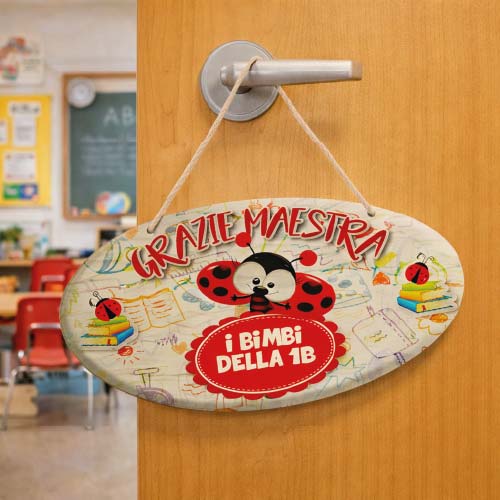 Targhetta Fuori Porta in Legno Personalizzato ''COCCINELLA'' idea regalo di classe fine anno scolastico Maestra asilo nido, scuola materna, elementare infanzia