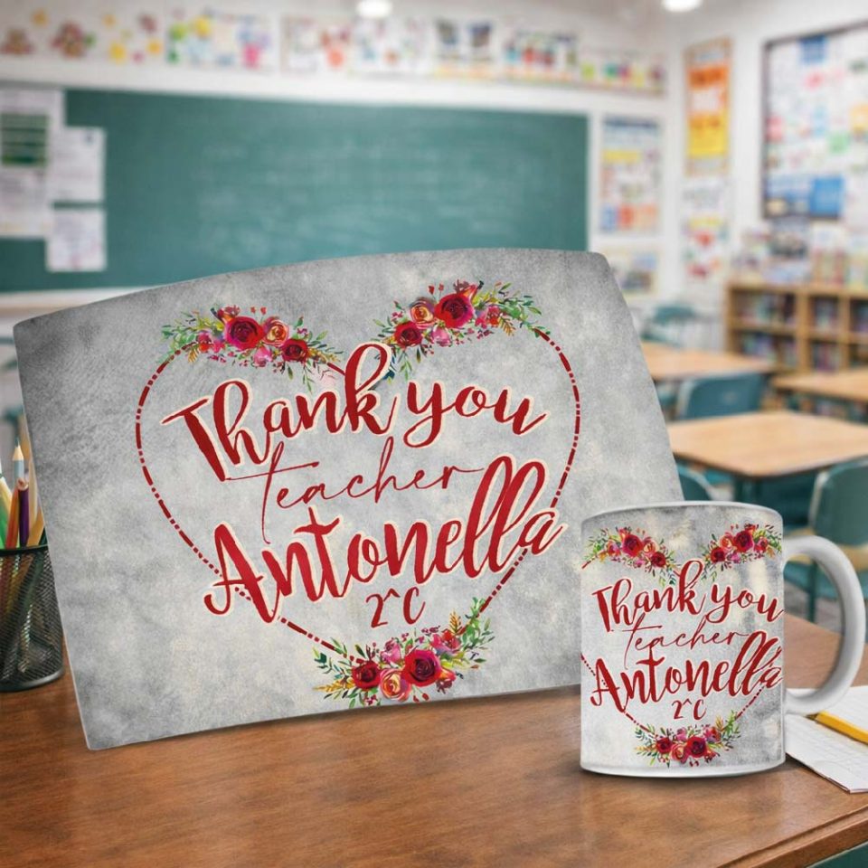 Kit Tovaglietta Tazza colazione Personalizzato ''THANK YOU TEACHER'' idea regalo di classe fine anno scolastico Maestra asilo nido, scuola materna, elementare infanzia e primaria