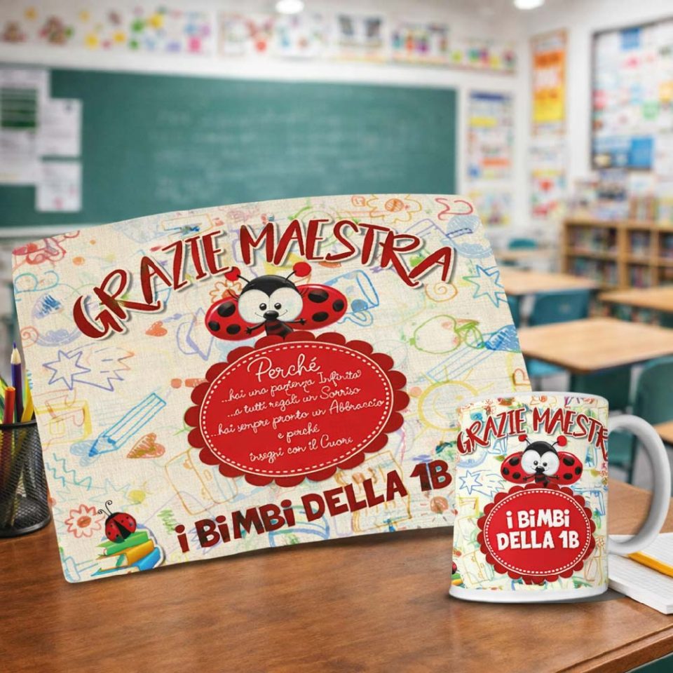 Kit Tovaglietta Tazza colazione Personalizzato ''COCCINELLA'' idea regalo di classe fine anno scolastico Maestra asilo nido, scuola materna, elementare infanzia e primaria