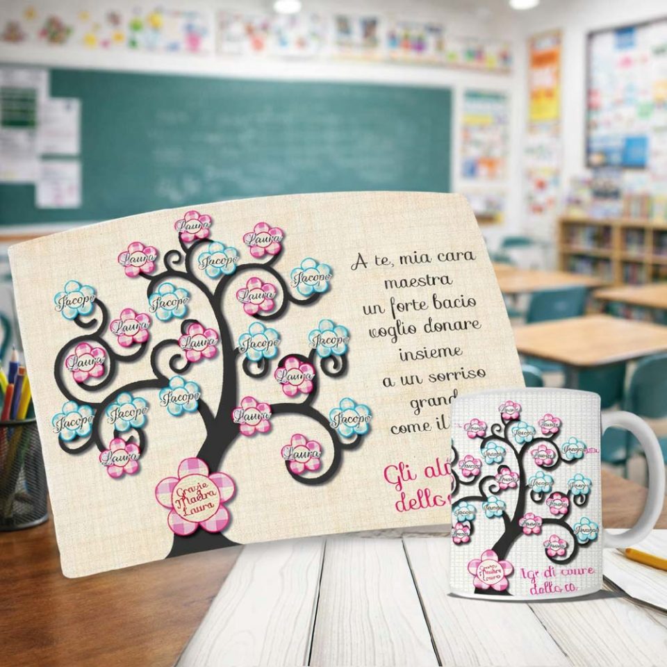 Kit Tovaglietta Tazza colazione Personalizzato ''ALBERO DELLA VITA'' idea regalo di classe fine anno scolastico Maestra asilo nido, scuola materna, elementare infanzia e primaria