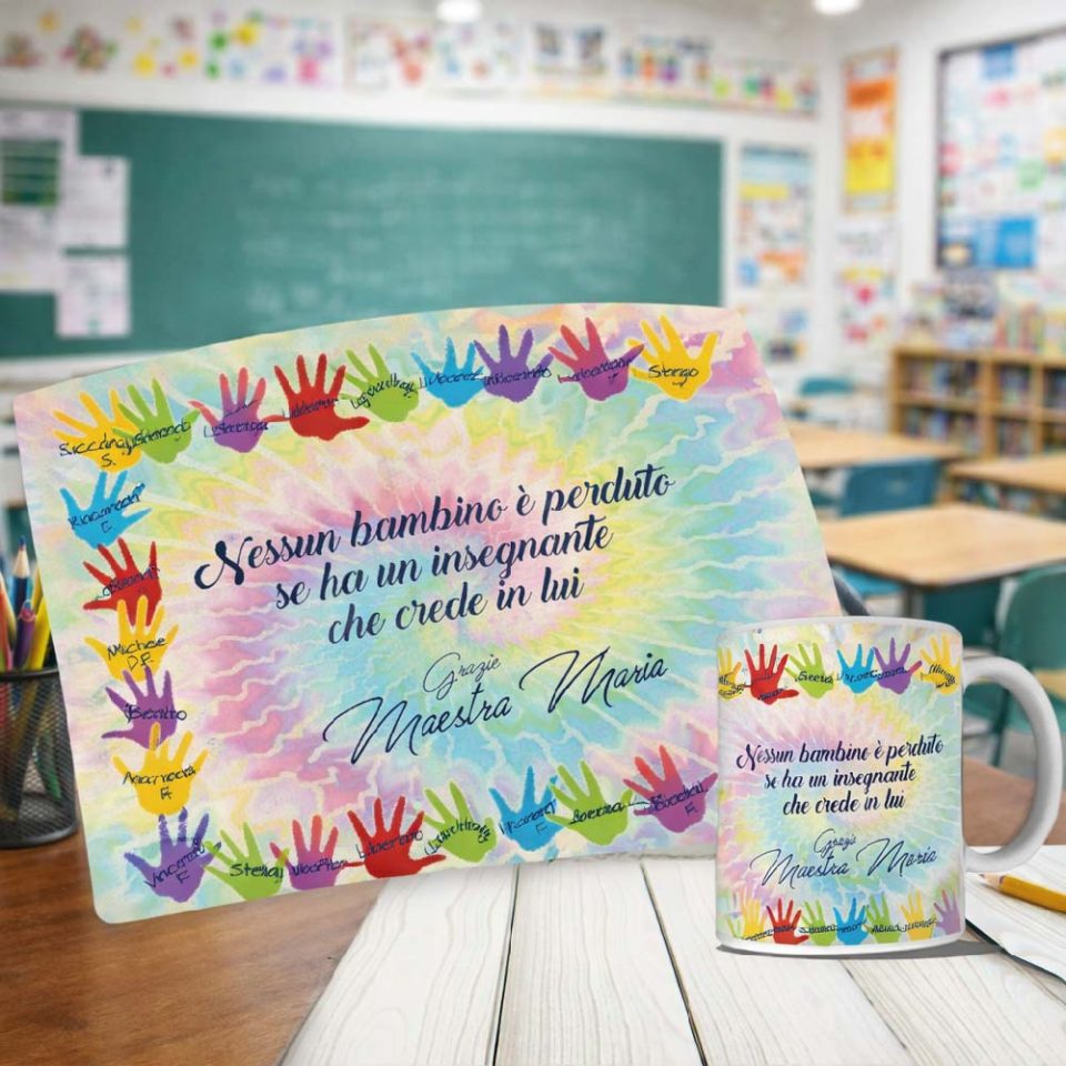 Kit Tovaglietta Tazza colazione Personalizzato ''MANINE CON NOMI'' idea regalo di classe fine anno scolastico Maestra asilo nido, scuola materna, elementare infanzia e primaria