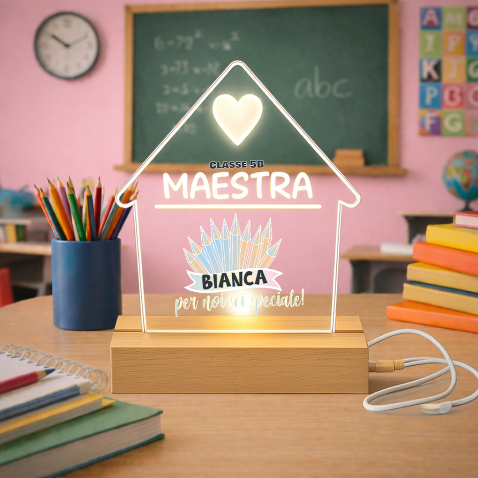 Lampada led da notte personalizzata con Scritta Nome classe in Plexiglass Trasparente cornice in legno da Tavolo - Idea Regalo Maestri Insegnante fine anno Scolastico ''PASTELLI''
