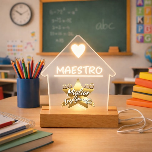 Lampada led da notte personalizzata con Scritta Nome classe in Plexiglass Trasparente cornice in legno da Tavolo - Idea Regalo Maestri Insegnante fine anno Scolastico ''MIGLIOR INSEGNANTE''