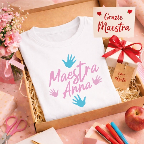 T-Shirt Maglietta Maglia Donna Personalizzata ''MANINE'' Idea Regalo di Classe fine Anno Scolastico per Maestra Asilo Nido, Scuola Materna, elementare Infanzia e primaria