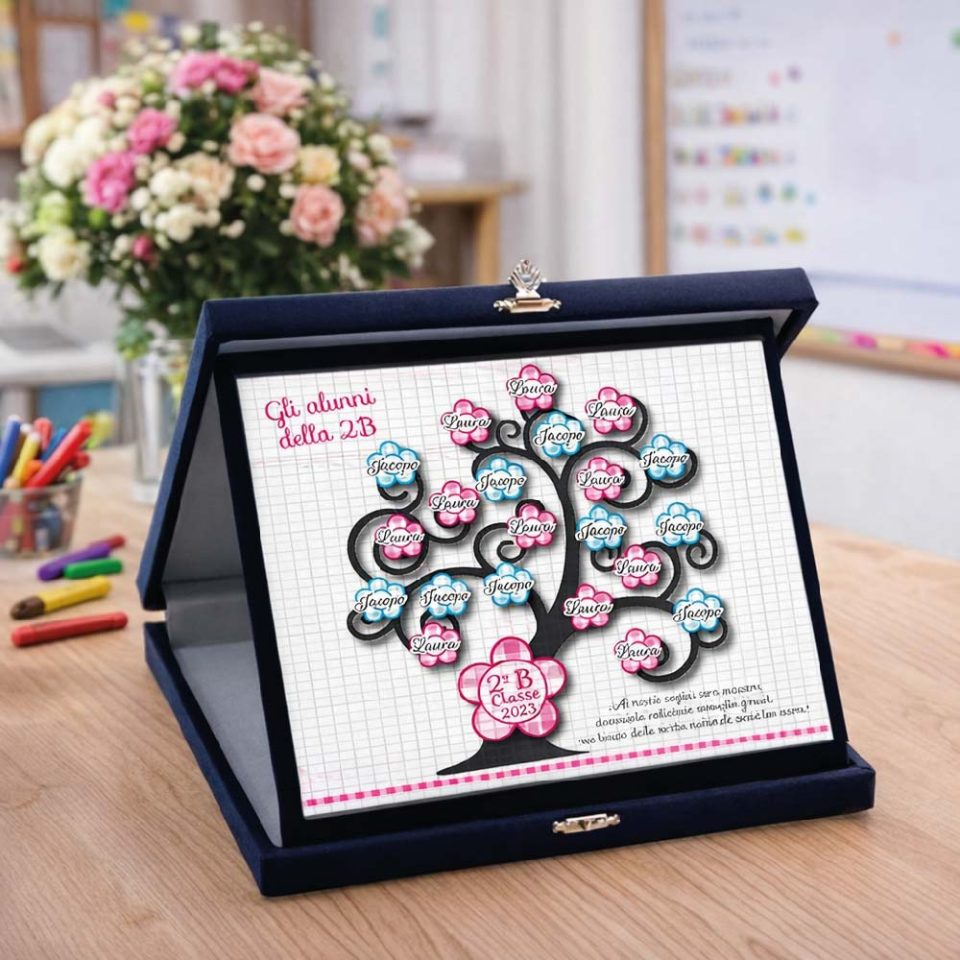 Targa Personalizzata ''ALBERO DELLA VITA'' Astuccio in Legno Blu Idea Regalo di Classe fine Anno Scolastico Maestra Asilo Nido, Scuola Materna, elementare Infanzia