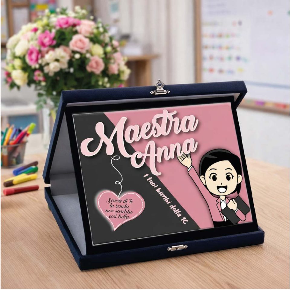 Targa Personalizzata ''SENZA DI TE'' Astuccio in Legno Blu Idea Regalo di Classe fine Anno Scolastico Maestra Asilo Nido, Scuola Materna, elementare Infanzia