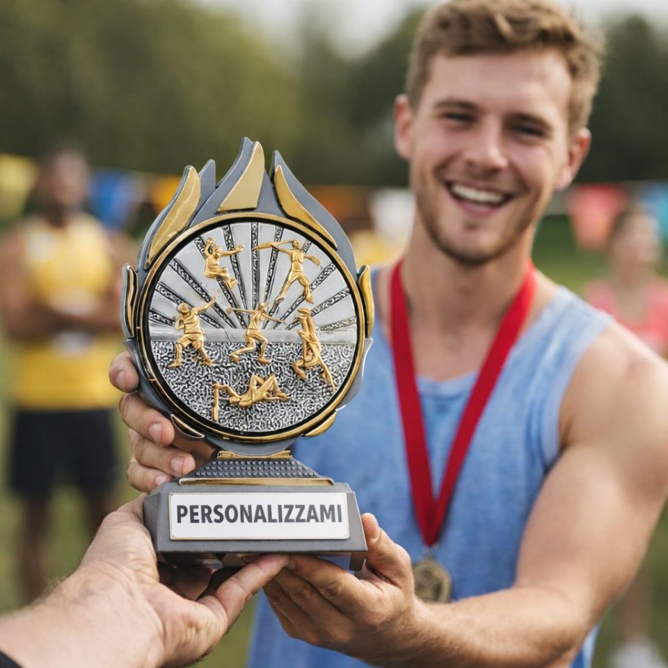 Trofeo atletica da 14 cm in plastica con disco in resina, personalizzabile con targhetta. Ideale per gare, eventi sportivi, scuole e premiazioni.