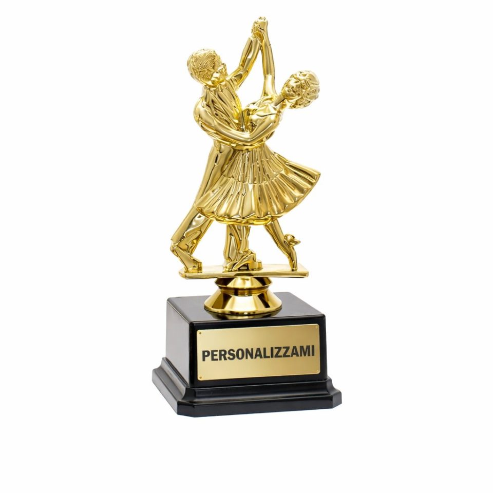 Trofeo ballo coppia oro 17 cm personalizzabile con targhetta. Perfetto per gare di danza, saggi e premiazioni.