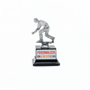 Trofeo bocce personalizzato con targhetta stampata a colori con logo su base nera, figura giocatore argento, ideale per premiazioni sportive