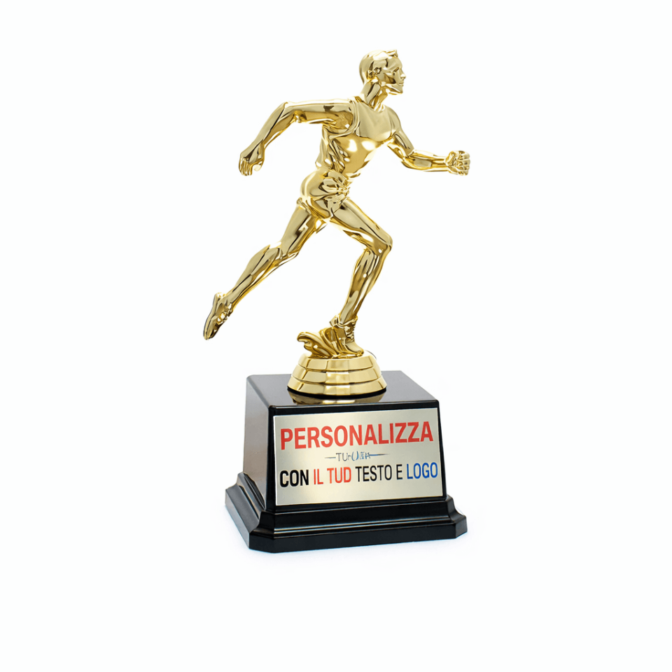 Trofeo Corsa 17 cm Personalizzato con Targhetta – Coppa Runner Oro con Base Nera – Premio Gara Podismo, Maratona, Eventi Sportivi