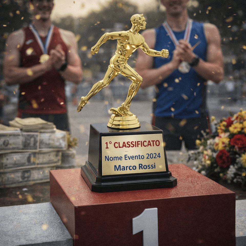 Trofeo corsa personalizzato su podio durante premiazione gara running con atleti e medaglie