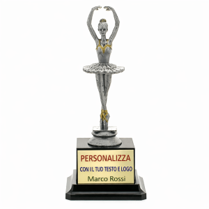 Trofeo danza personalizzato 20 cm con ballerina argento su base nera e targhetta stampata nome evento