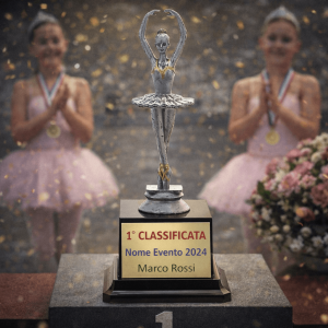 Trofeo danza personalizzato durante premiazione su palco con ballerine e medaglie