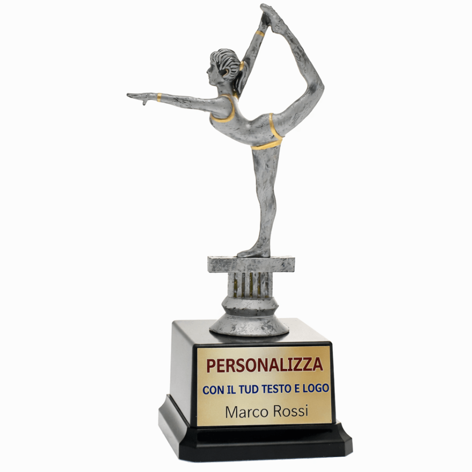 Trofeo Ginnastica 19 cm Argento con Targhetta Personalizzabile – Coppa Ginnastica Artistica e Ritmica, Premio per Gare, Scuole ed Eventi Sportivi