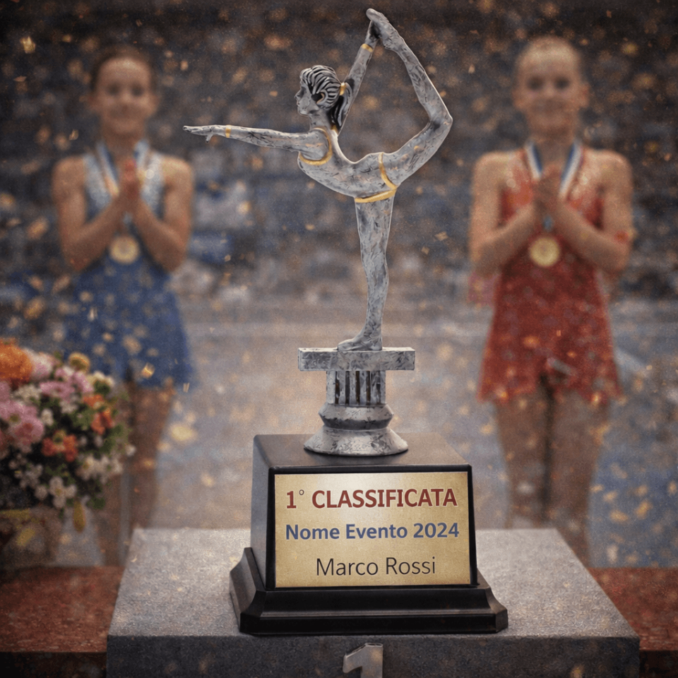 Trofeo ginnastica personalizzato durante premiazione gara con atlete e medaglie in palestra